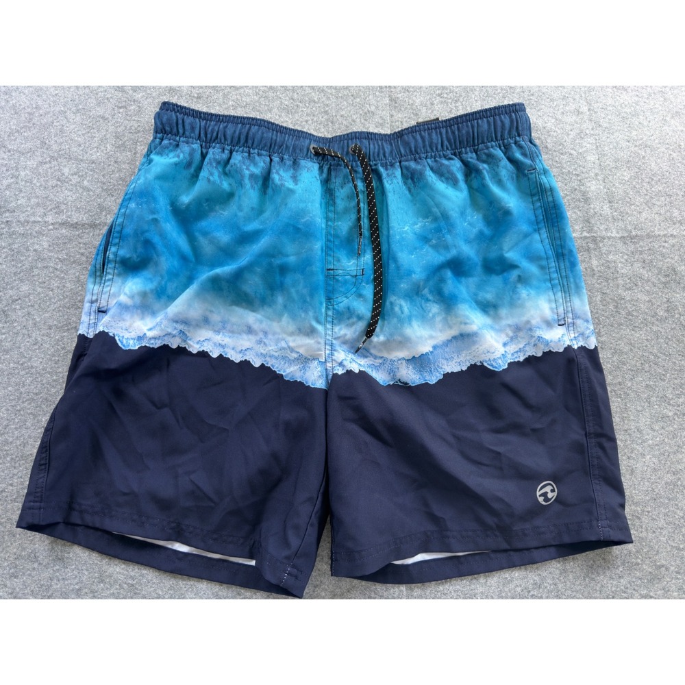 Ocean Current‎ Volley Swim Shorts Mens Large Blue Navy Aerial Wave Print Stretch
